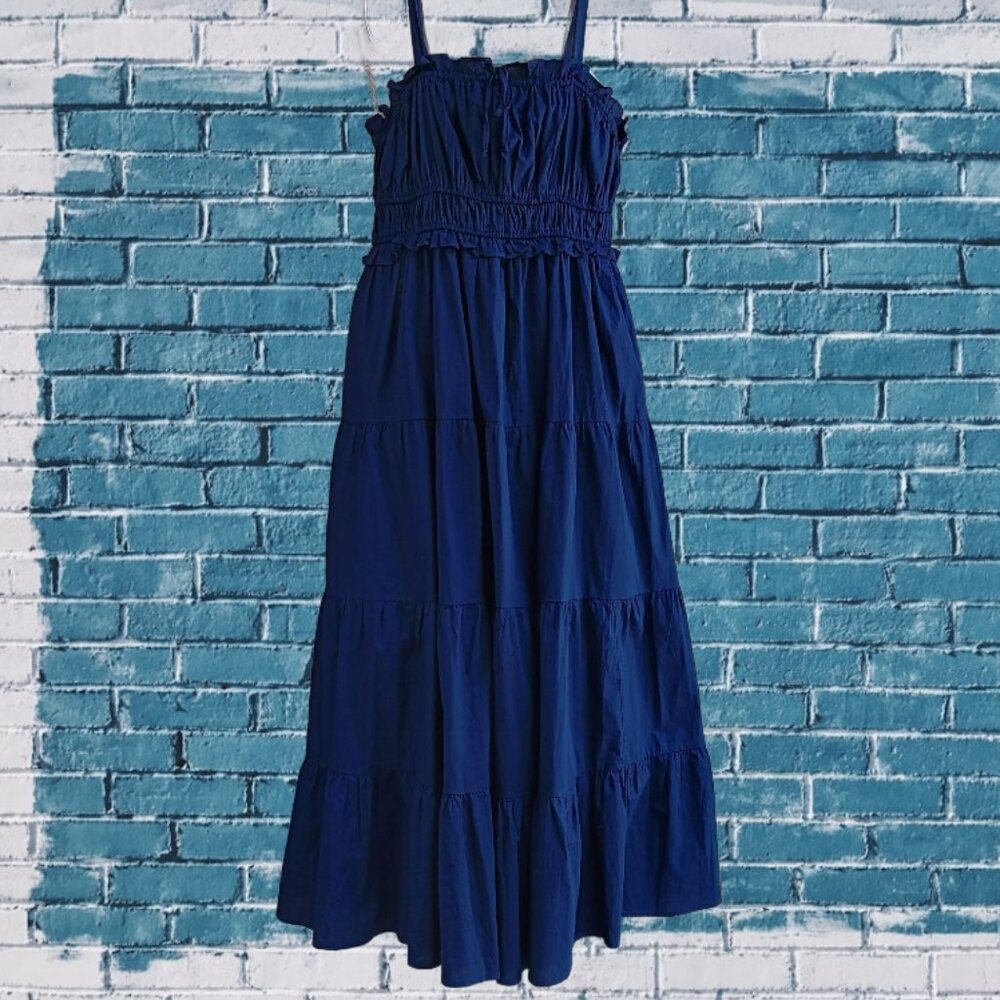 Crown & Ivy Womens Maxi Tiered Dress Sundress Spaghetti Straps Boho Navy Size S